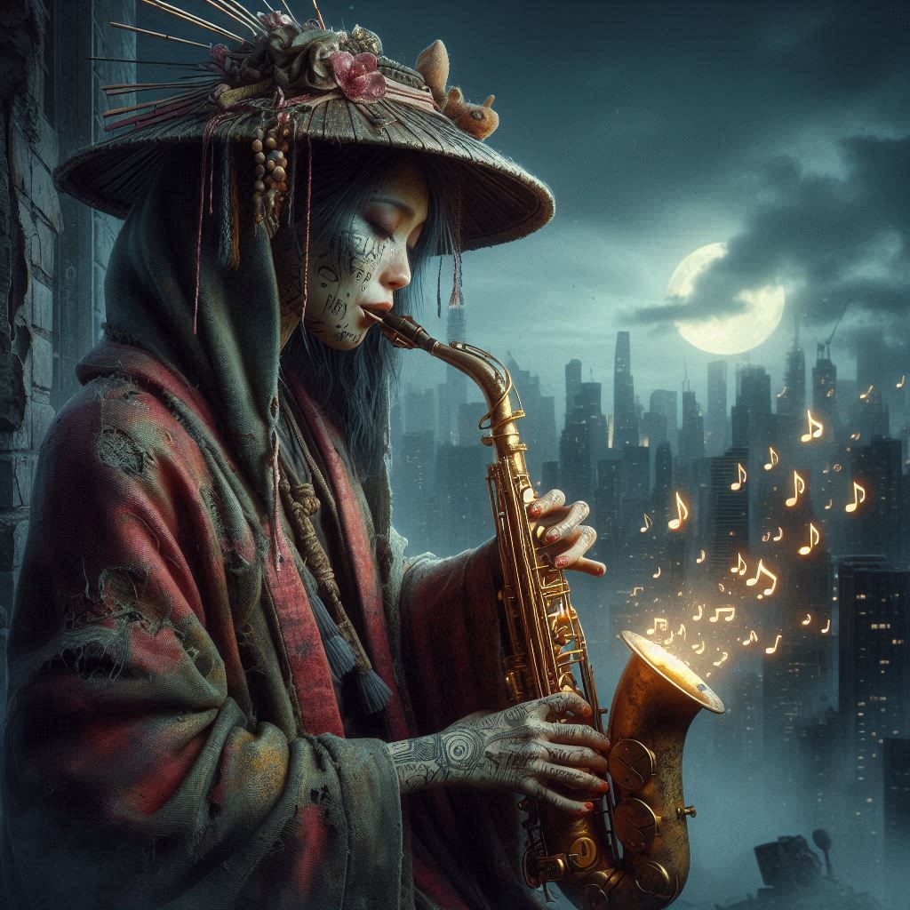 homeless geisha playing trumpet