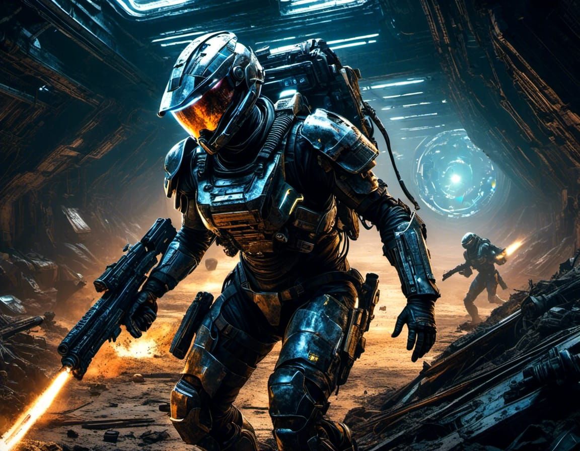 Futuristic Soldier vs Aliens in Abandoned Space Station