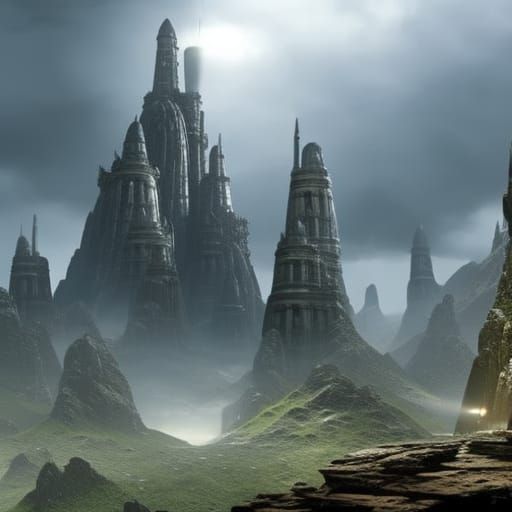 Castle with 5 towers is standing on a big rock in the middle...
