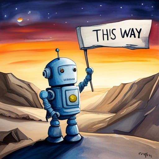 sad robot in desert wasteland, detailed skyline, holding a sign with text 'This Way', watercolor illustration ...  by @Carrie