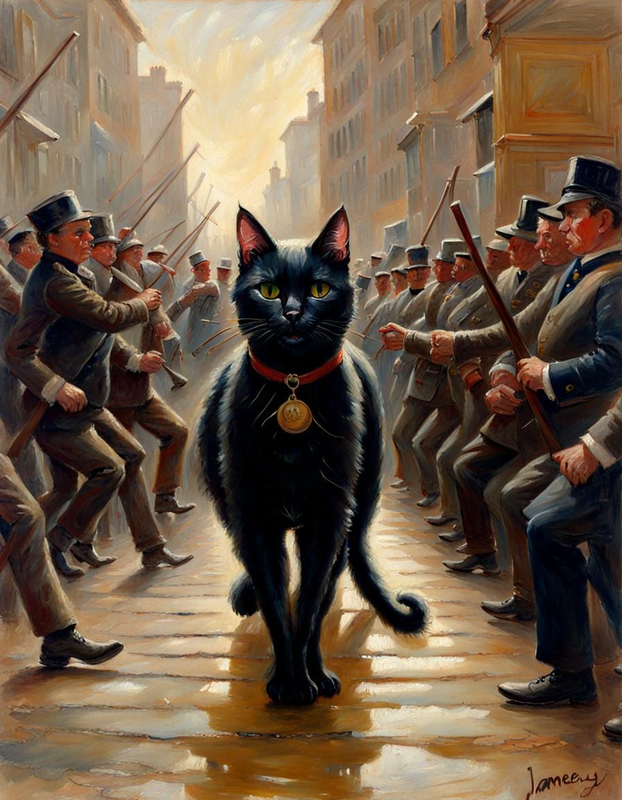 Black Cat Leads Union Strike: Oil Painting
