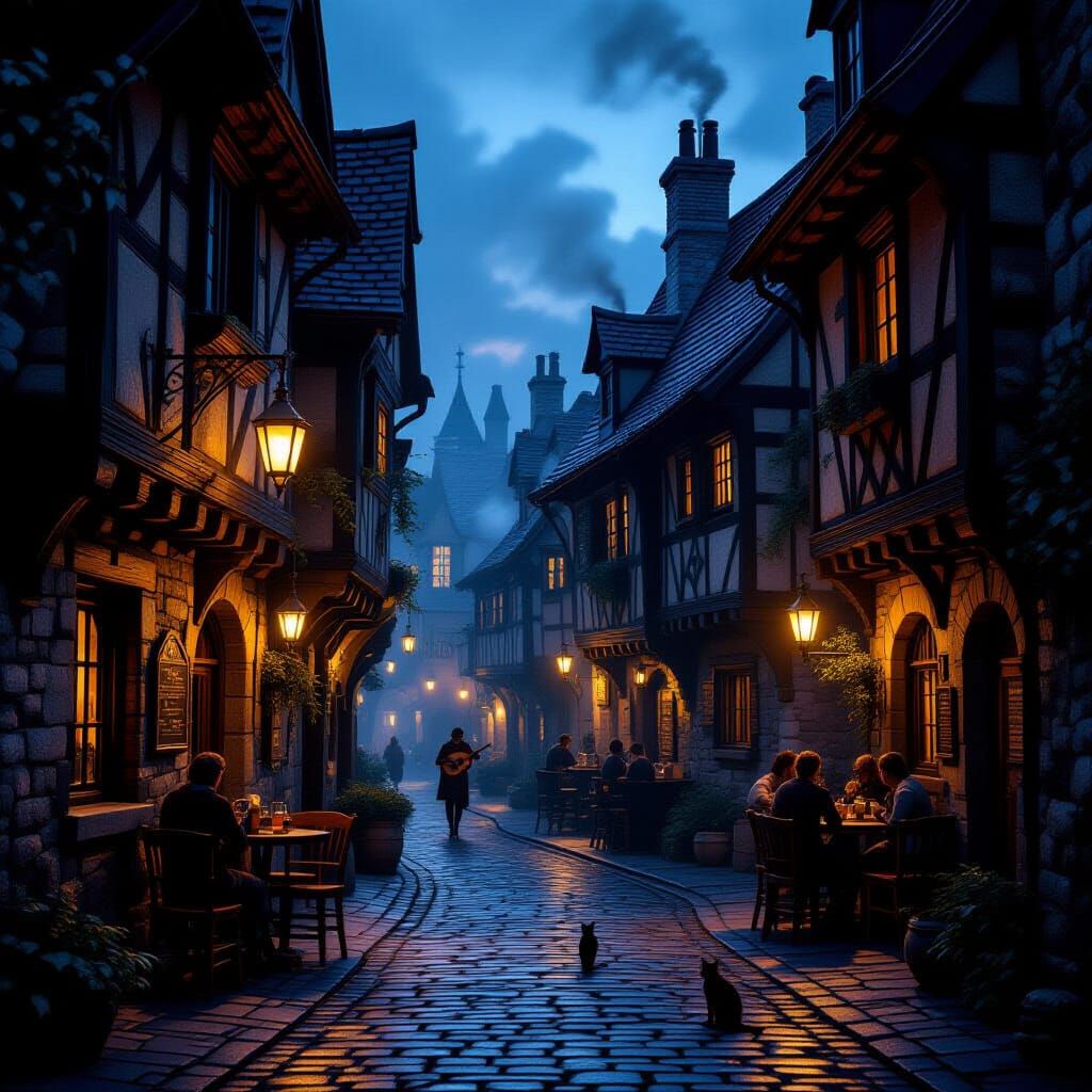 A moody medieval alleyway winding through an old stone town at twilight. Cobblestone streets glisten ...  by @Vedic_Yogi