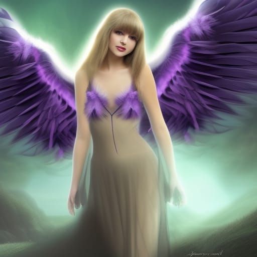 taylor swift, long purple wavy hair, glowing aura, mysteriou...