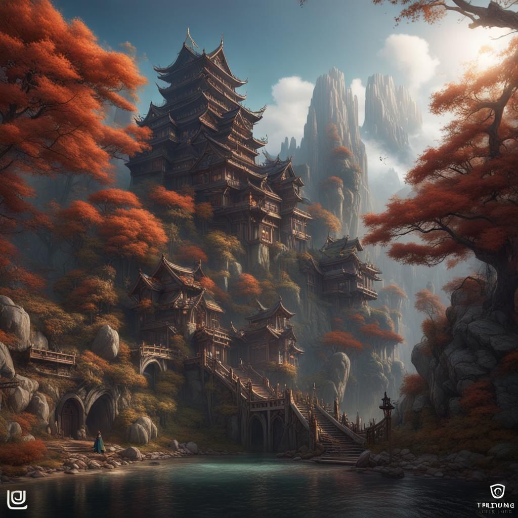 Golden Dragon Warrior with Spear in Detailed Matte Painting