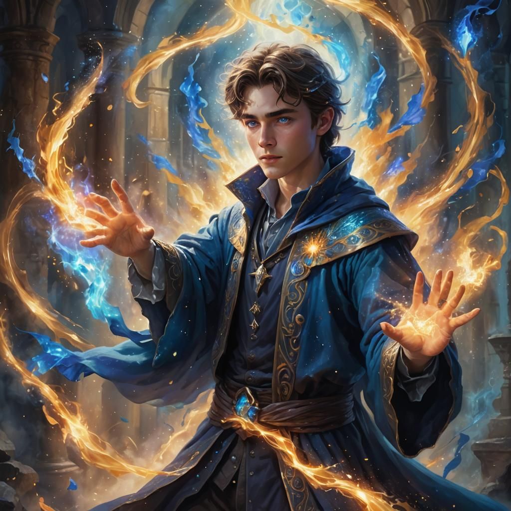 Fantasy concept art. Medium shot. A handsome teenager wizard...
