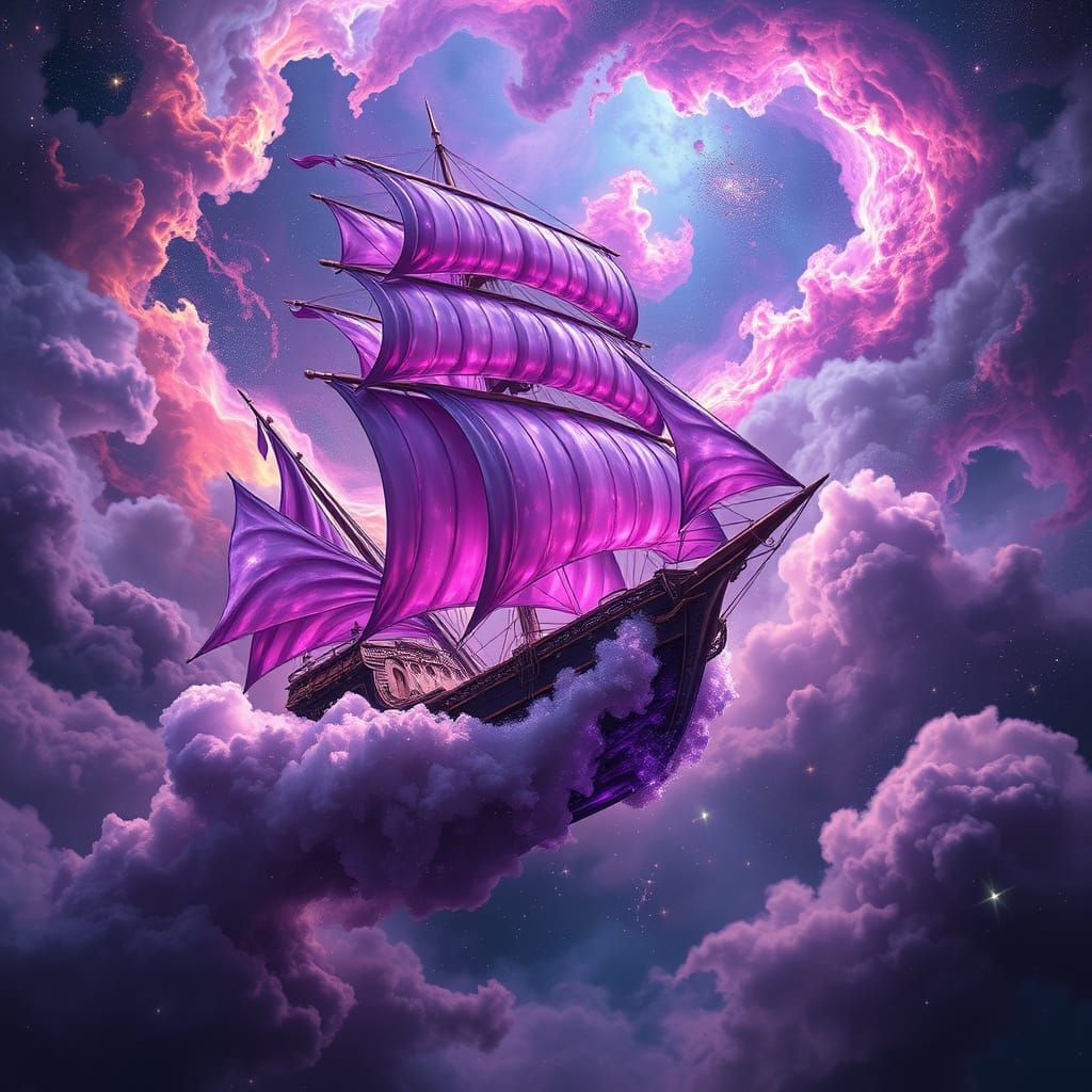 A celestial pirate ship of pure amethyst and sails that shimmer with iridescent colors, soaring through the cosmos amidst swirling nebulas a...