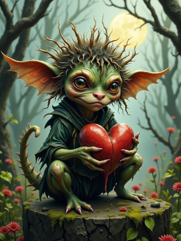 Gremlin with Heart in Mystical Woodland
