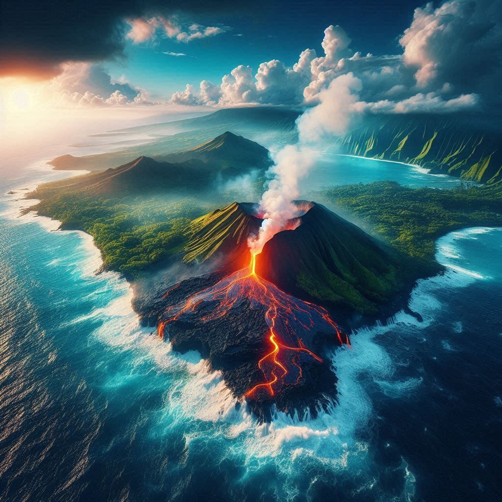 Molten Lava Flows into Blue Ocean