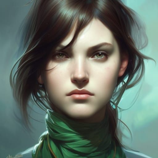 A girl with Dark Brown Hair and Green Eyes