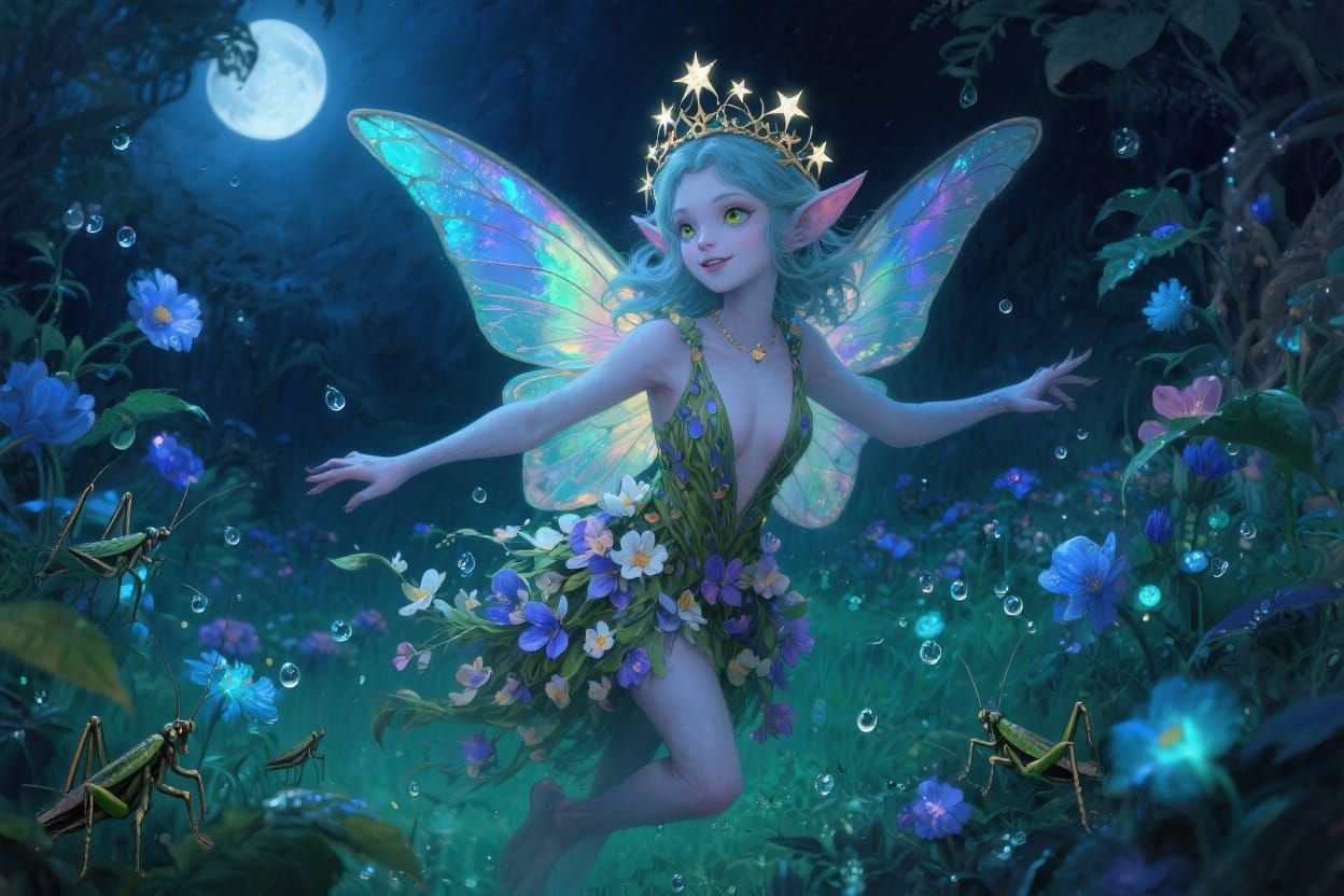 A mischievous pixie with iridescent wings
