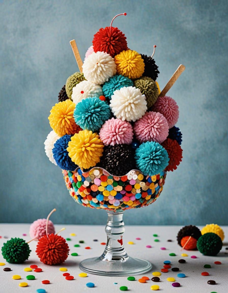 Ice cream sundae made from pompoms and sequins  by @Alison