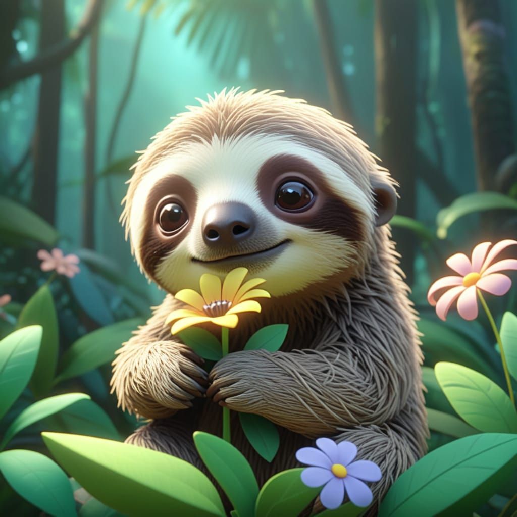 Baby sloth hugging a flower, glowing petals around, dreamy tropical forest, Pixar-style 3D animation, ...  by @Katerinafrompoem