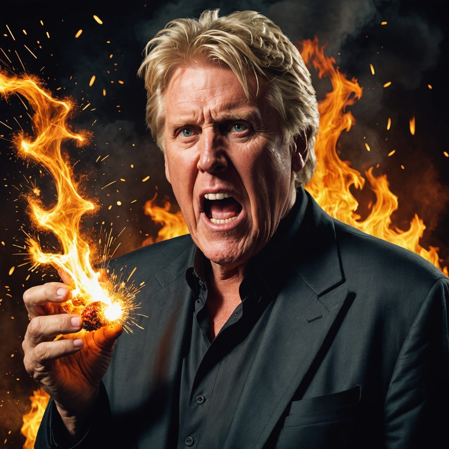 Gary Busey the actor, with a very large fire cracker exploding in his ...