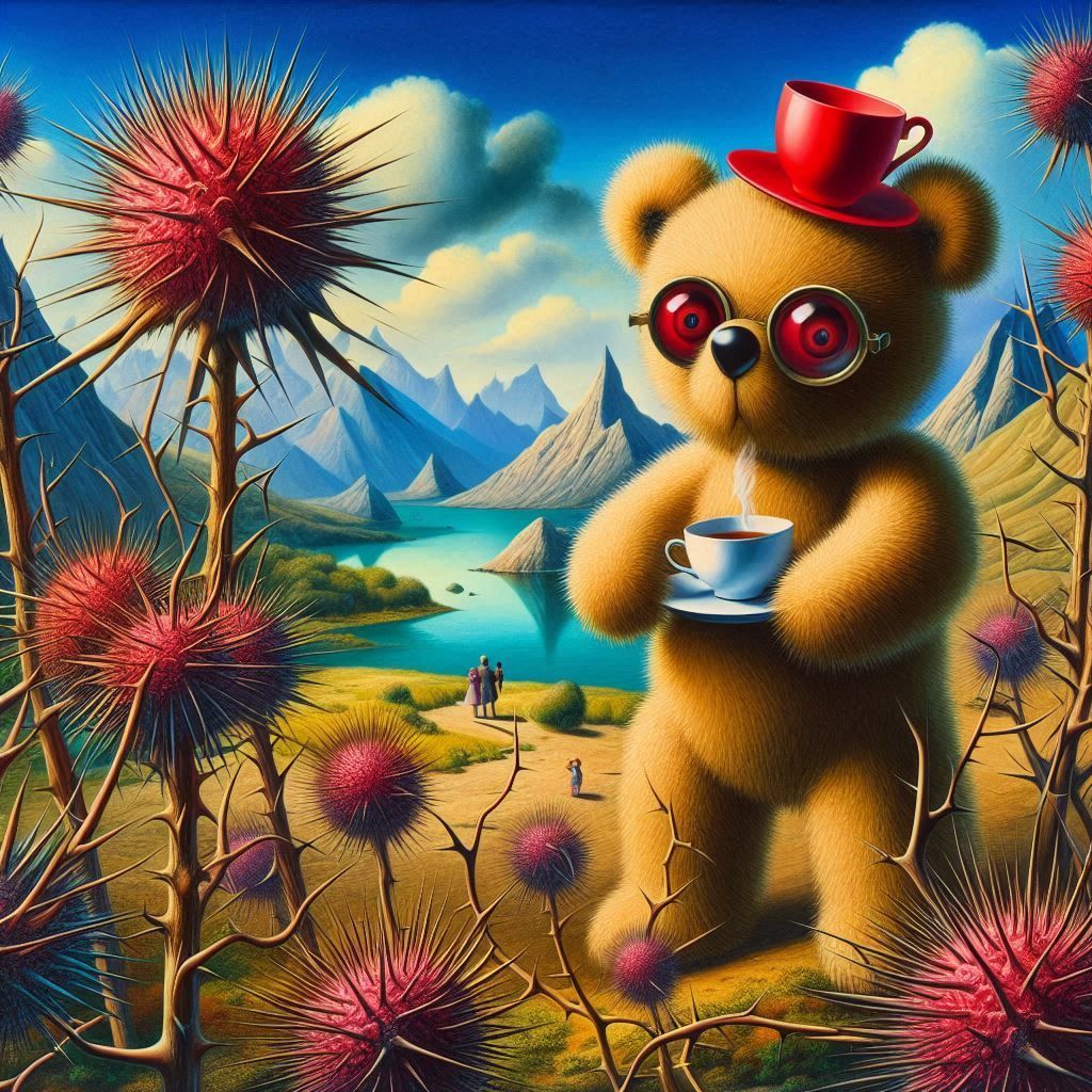 Teddy bear wearing a tea cup and thistles