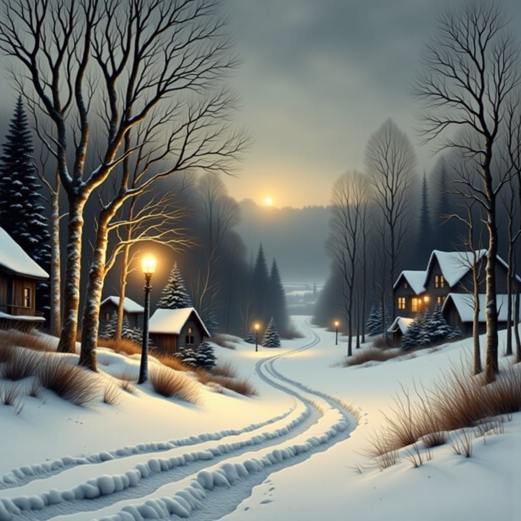 "December Sunset 2:45 PM"

<lora:1930s cartoons:1.0> <lora:Antique Watercolor 2:1.0> A serene winter night landscape bathed in a soft, ethereal glow. The composition s...