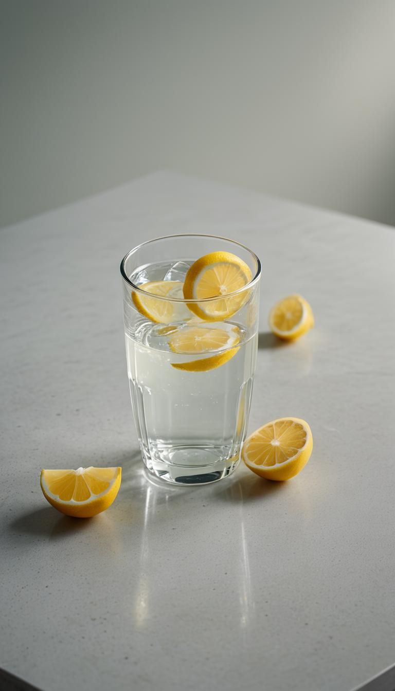A refreshing glass of warm lemon water placed on a clean kit...