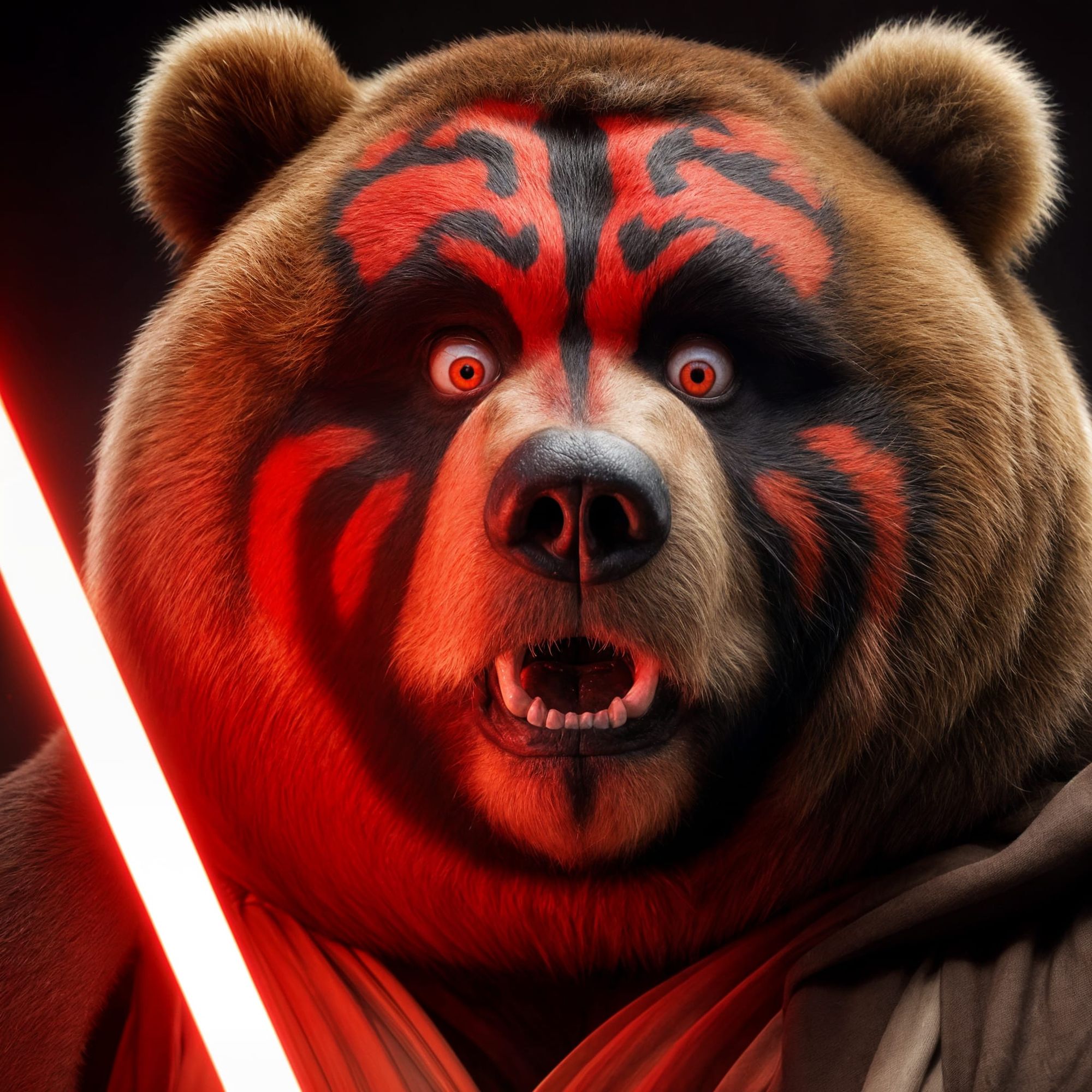 Close-up Photograph: Obese Kodiak Bear-Darth Maul; red face-paint looking surprised; holding a red lightsaber; dark surroundings;
