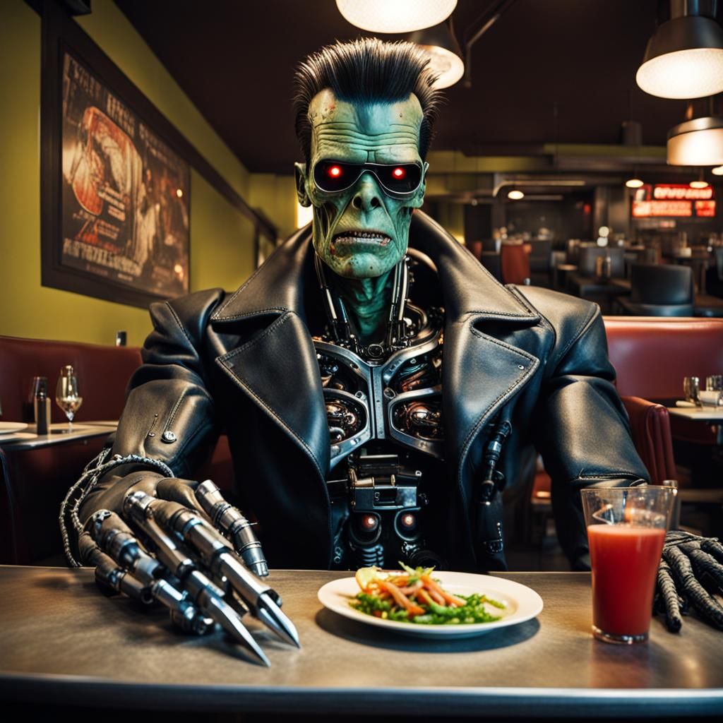 Frankensteins Monster as the Terminator in a restaurant  by @Negativ G