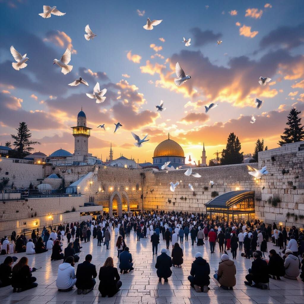 Western Wall Prayer Scene with Doves in Vivid Colors
