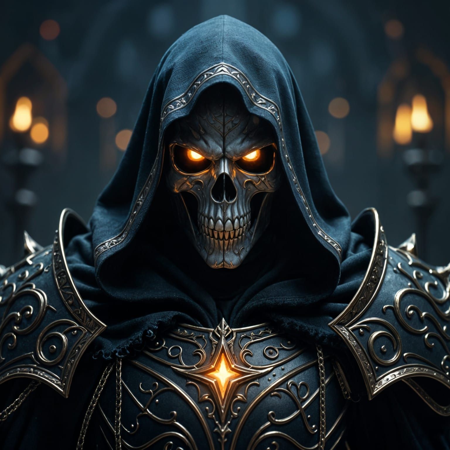 ​​UHD 8k, Unreal Engine 5 render of a sinister Death Knight / Lich King. Skull face with glowing amber eyes under a deep, tattered hood. Hig...