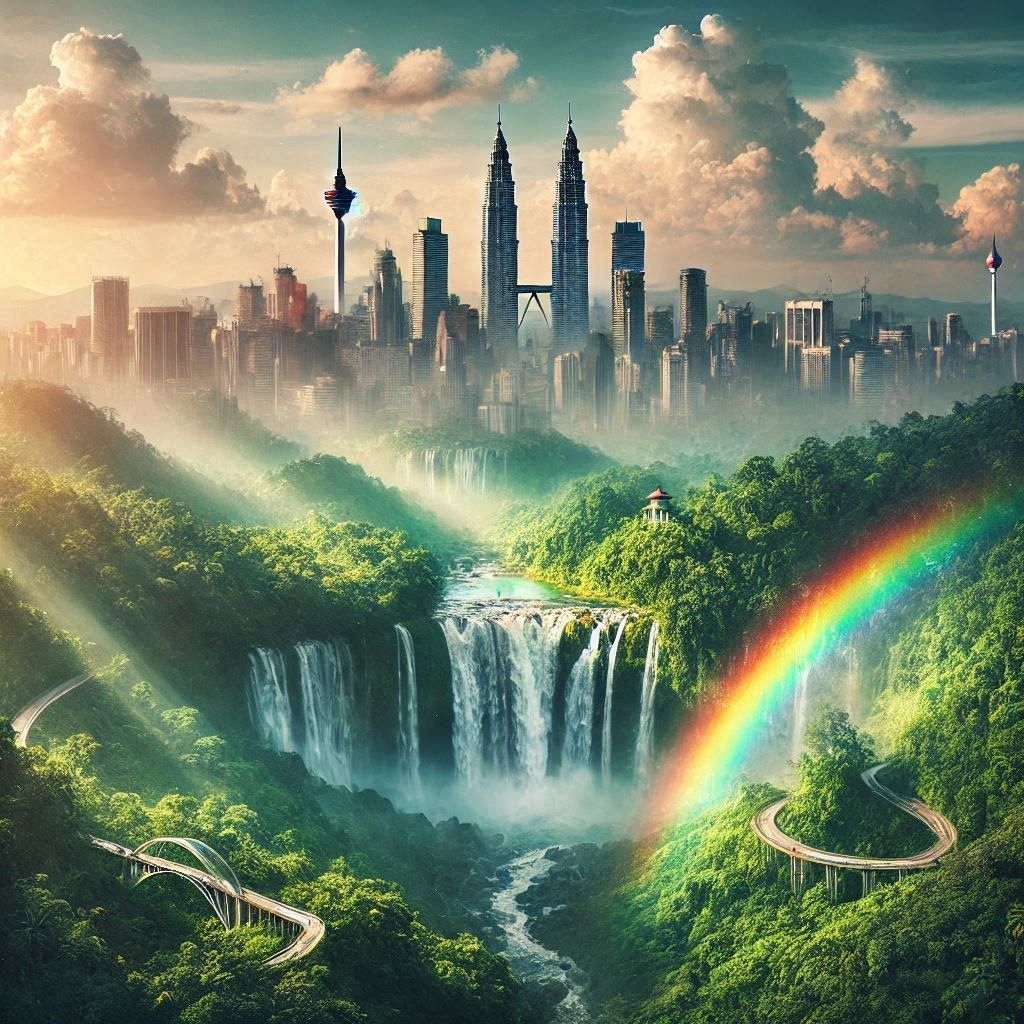 Double Exposure, Jungle with waterfall and skyline