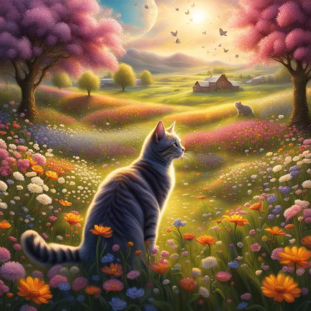 Glimpse of Spring field with flowers and cats sparkle glow s...