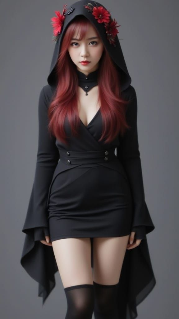 <lora:Hazy Portrait:1.0> Full body of striking Cherry lady with crimson locks is adorned in a mysterious black hood embellished with vibrant...