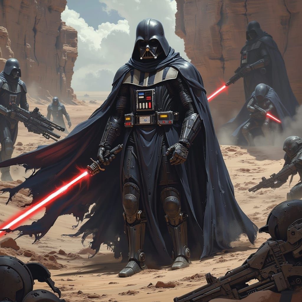 <lora:Badlands Flux:1.0> Darth Vader with an ominous background