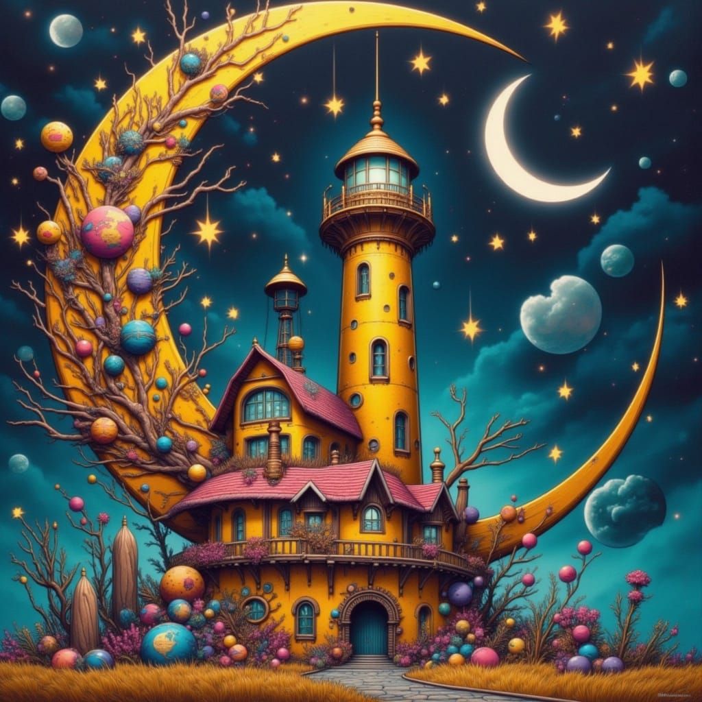 Double exposure, scrapcore giant yellow-gold enamelled metal surreal steampunk crescent moon :: double exposure a scrapcore colourful surrea...