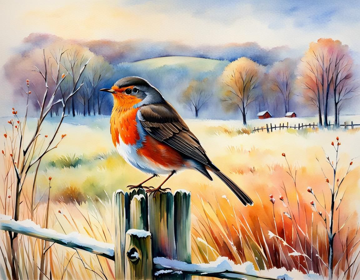 aquarelle european robin perched on a fence post  by @tsahel