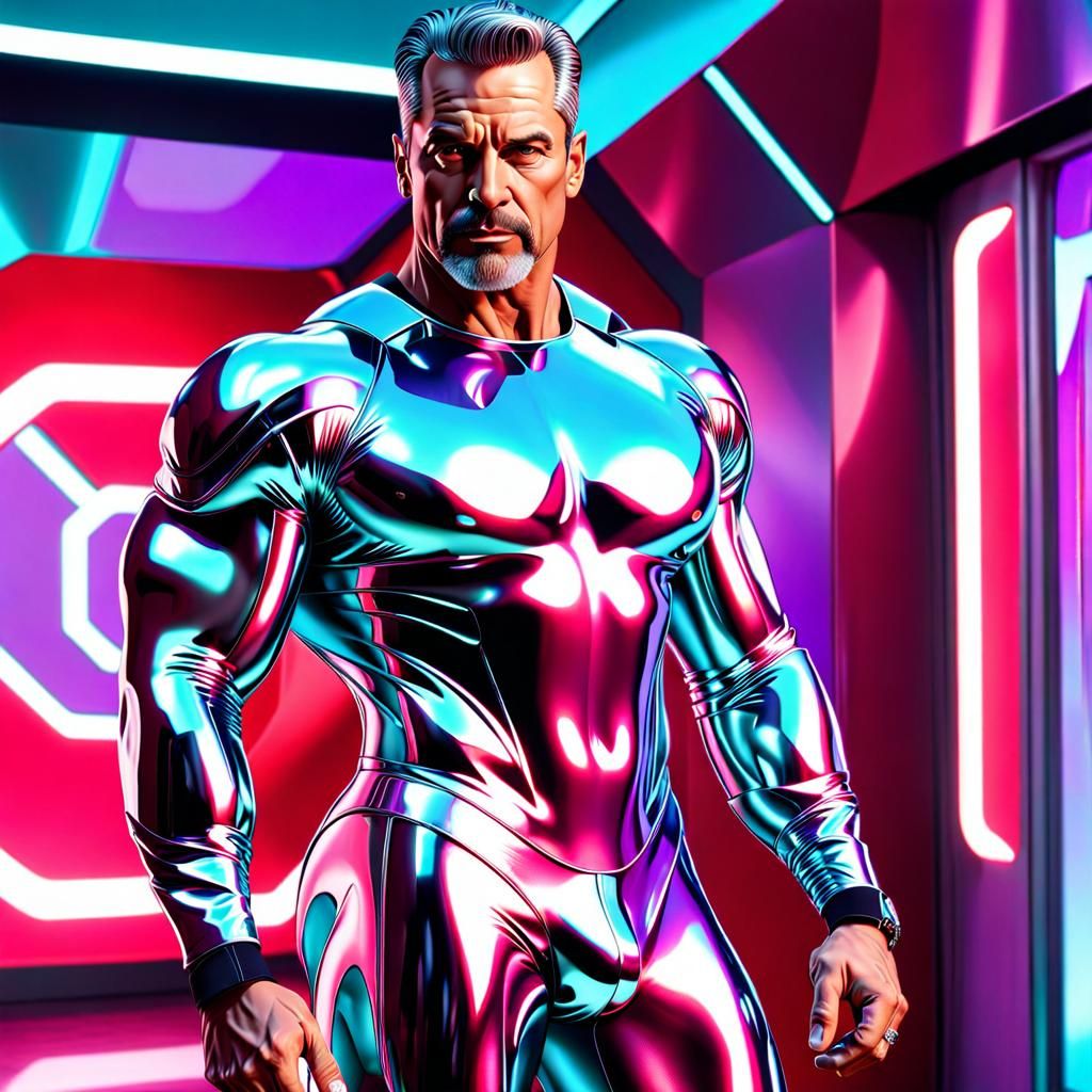 Y2K Futurism, Cybercore, Cyber Y2K, Mature bodybuilder in a ...