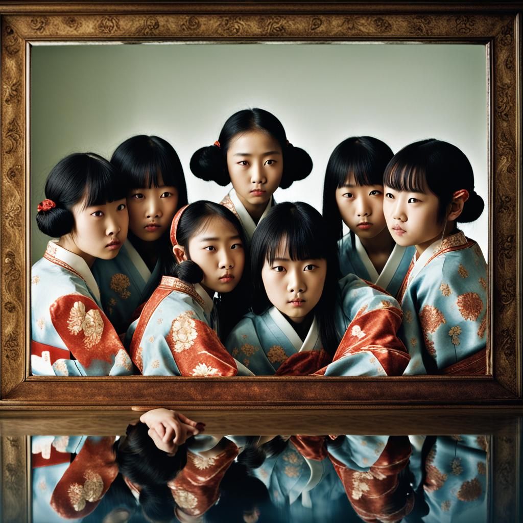 Seven young Japanese shapely sisters, different hair styles,...