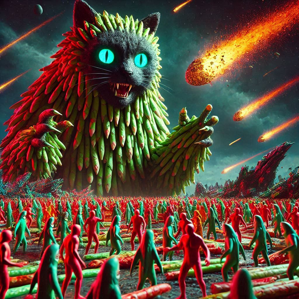 The giant asparagus cat attacks!
