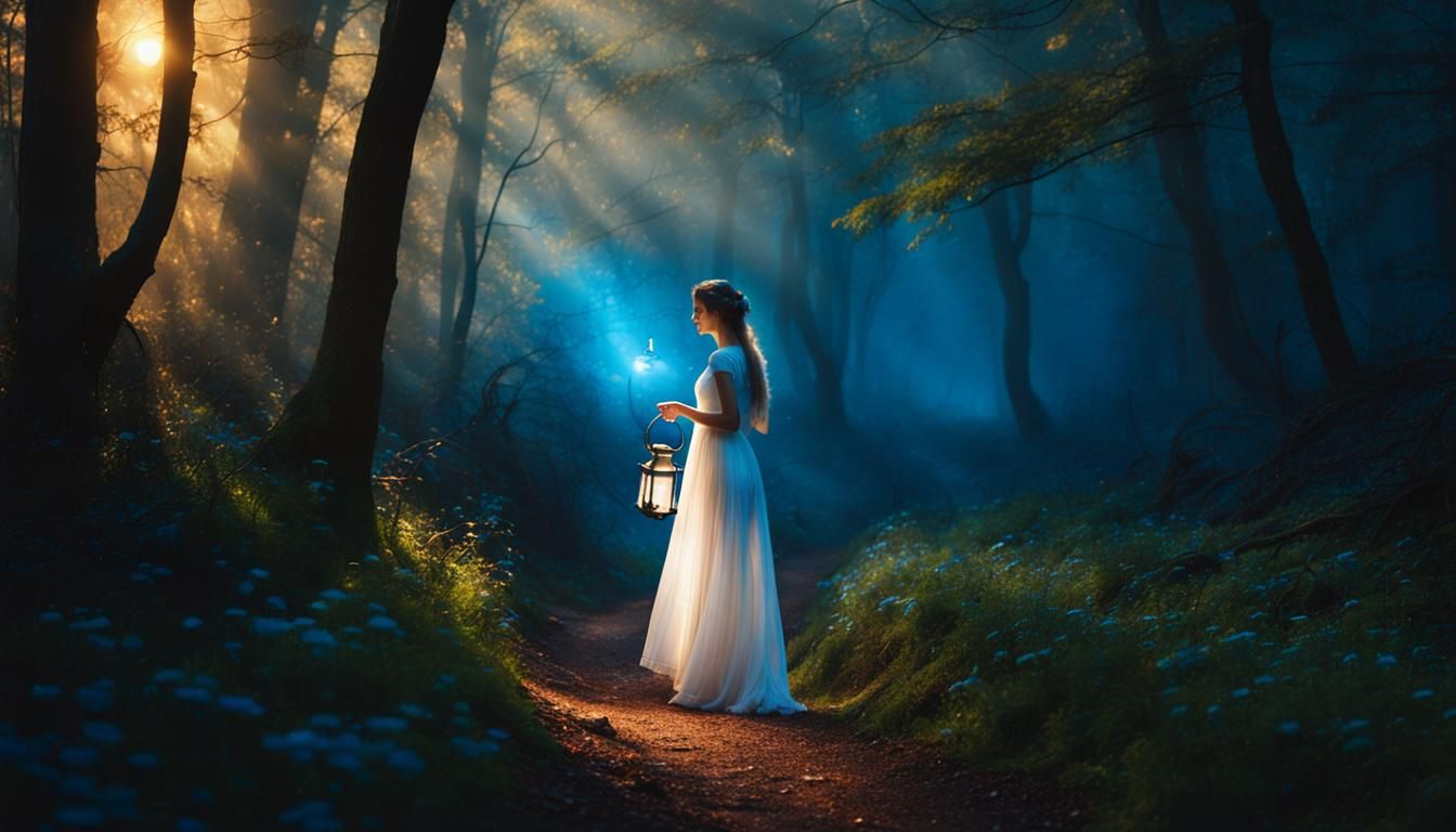Woman with Lantern on Forest Path, Mystical Realism