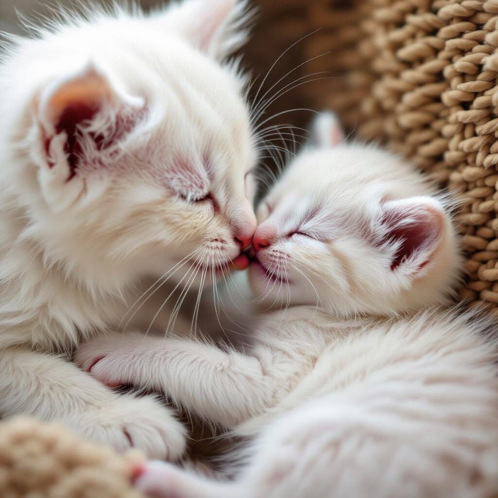 Cute White Kitten Suckling from Mother Cat