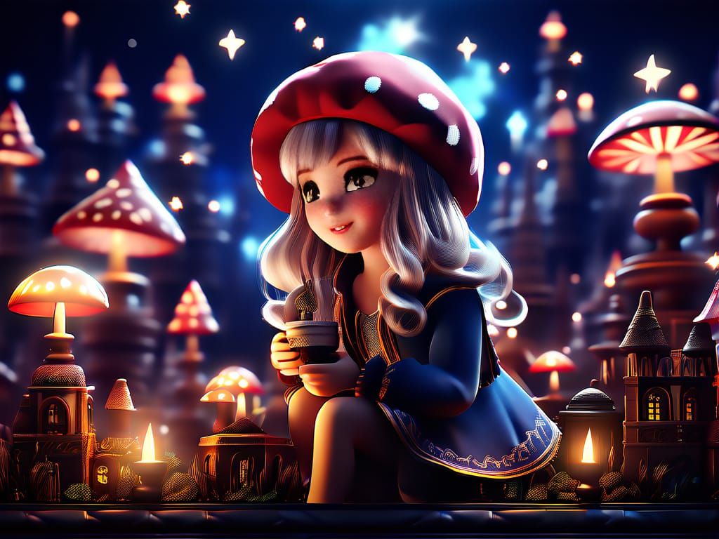 She danced in the moonlit glade, a mushroom maid, with skin as pale as the moon's glow and eyes as dark as the forest fl...