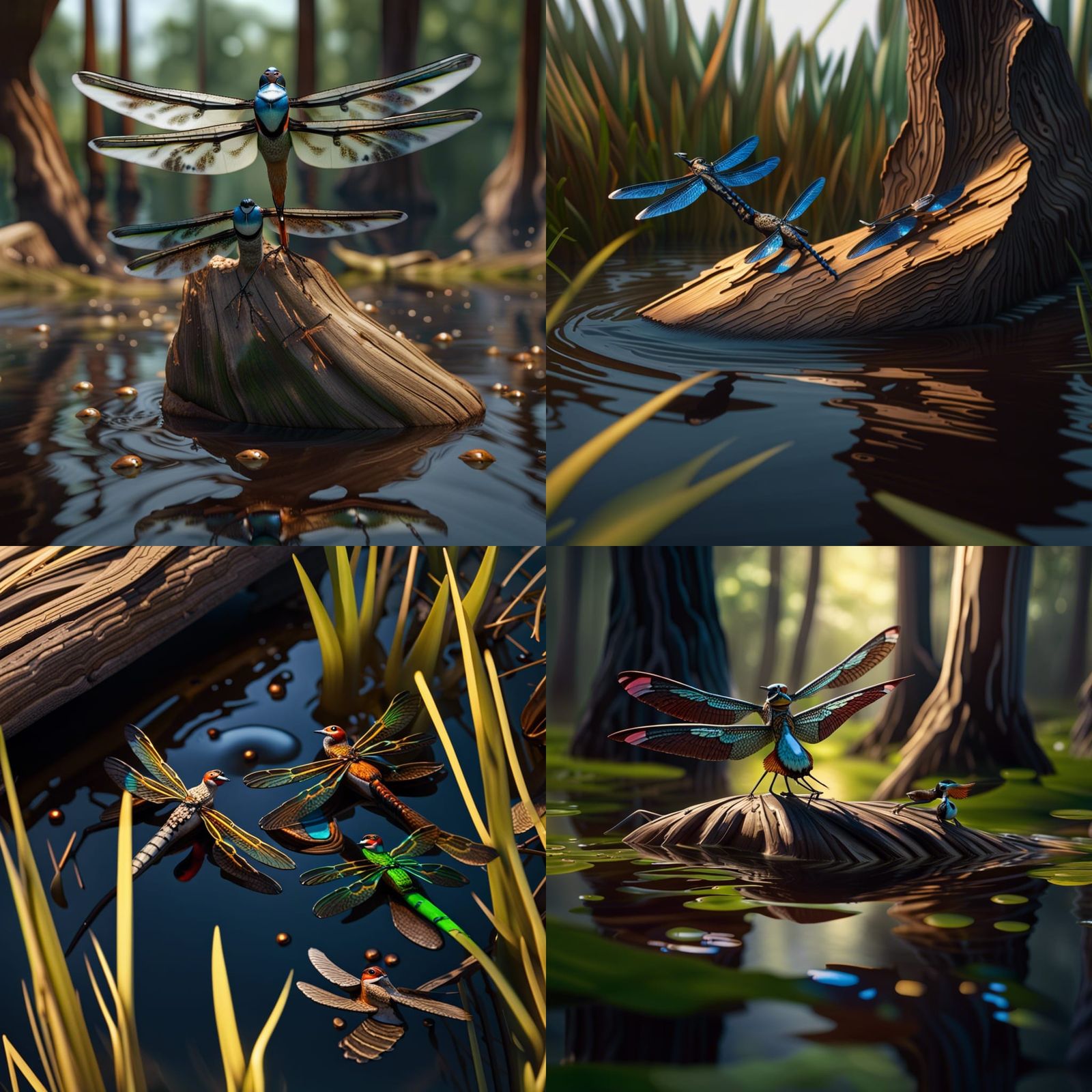 Dragonflies surrounding wood ducks in a cypress marsh, Splas...