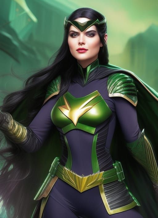 ""1girl, black hair, green eyes, smile, superhero, supervill...