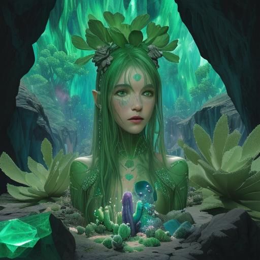 Giant Emerald Cave With A Green Fairy And Cactus - Ai Generated Artwork 