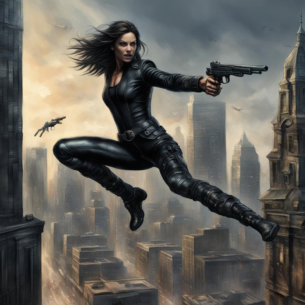 Yes, I can leap hundreds of feet in the air, point a gun at you, and still look this good. 