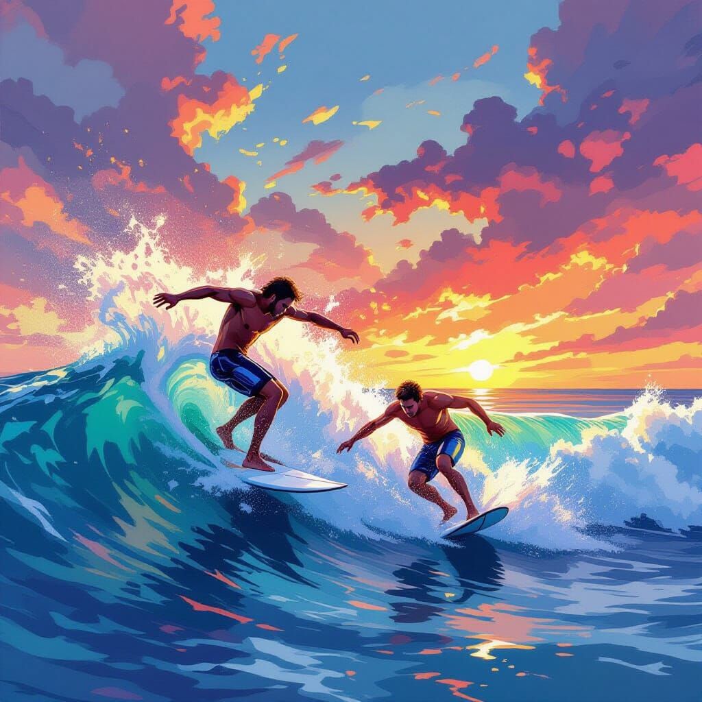 Surfers' Wild Jump and Wipeout in Digital Art Style