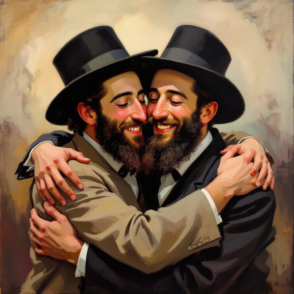 Two Hasidic Men Embrace with Joy and Affection