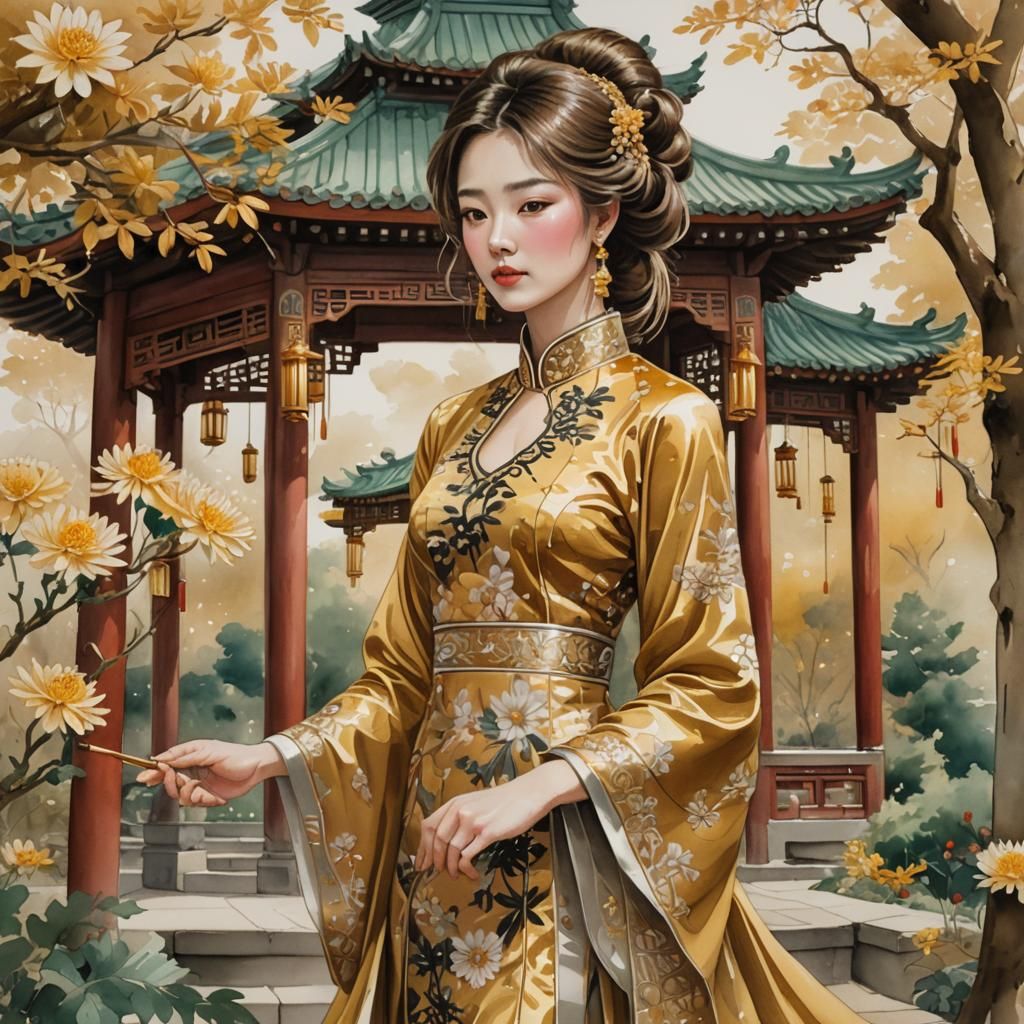 Girl in Gold Dress with Chrysanthemums: Gouache Watercolor