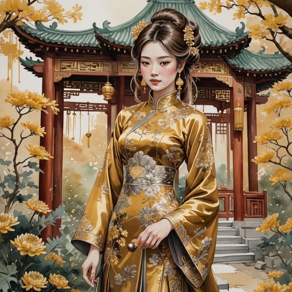 Woman in Gold Dress: Impressionist Gouache Masterpiece