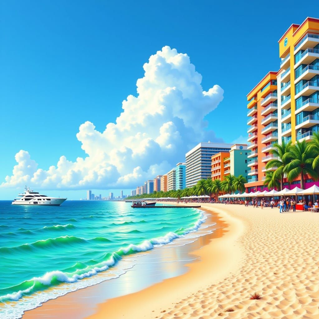 Miami Beach am Strand mit Hotels ,  blaues Meer , in dem Meer spiegeln sich die Yachten.  <lora:Bunte Vielfalt:1.0>