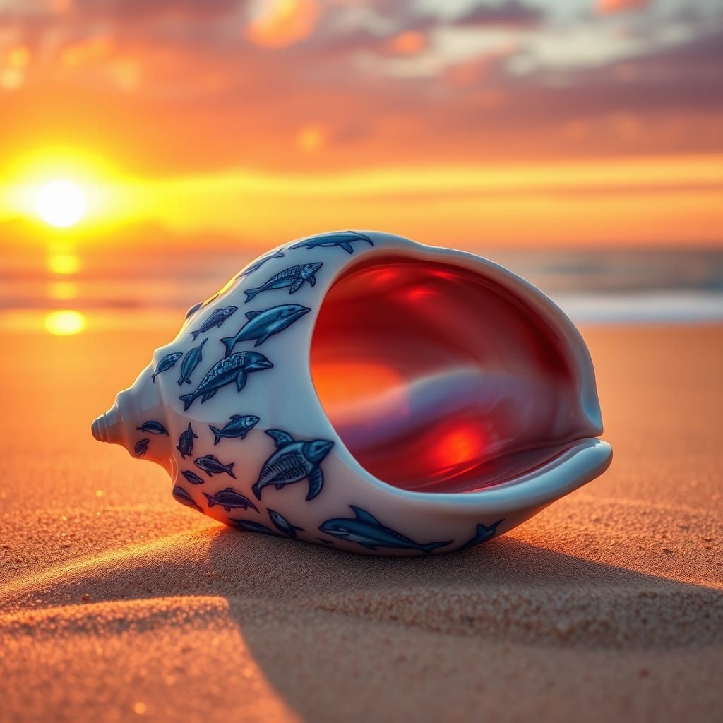 A conch shell sitting on the sand at the beach. The outside ...
