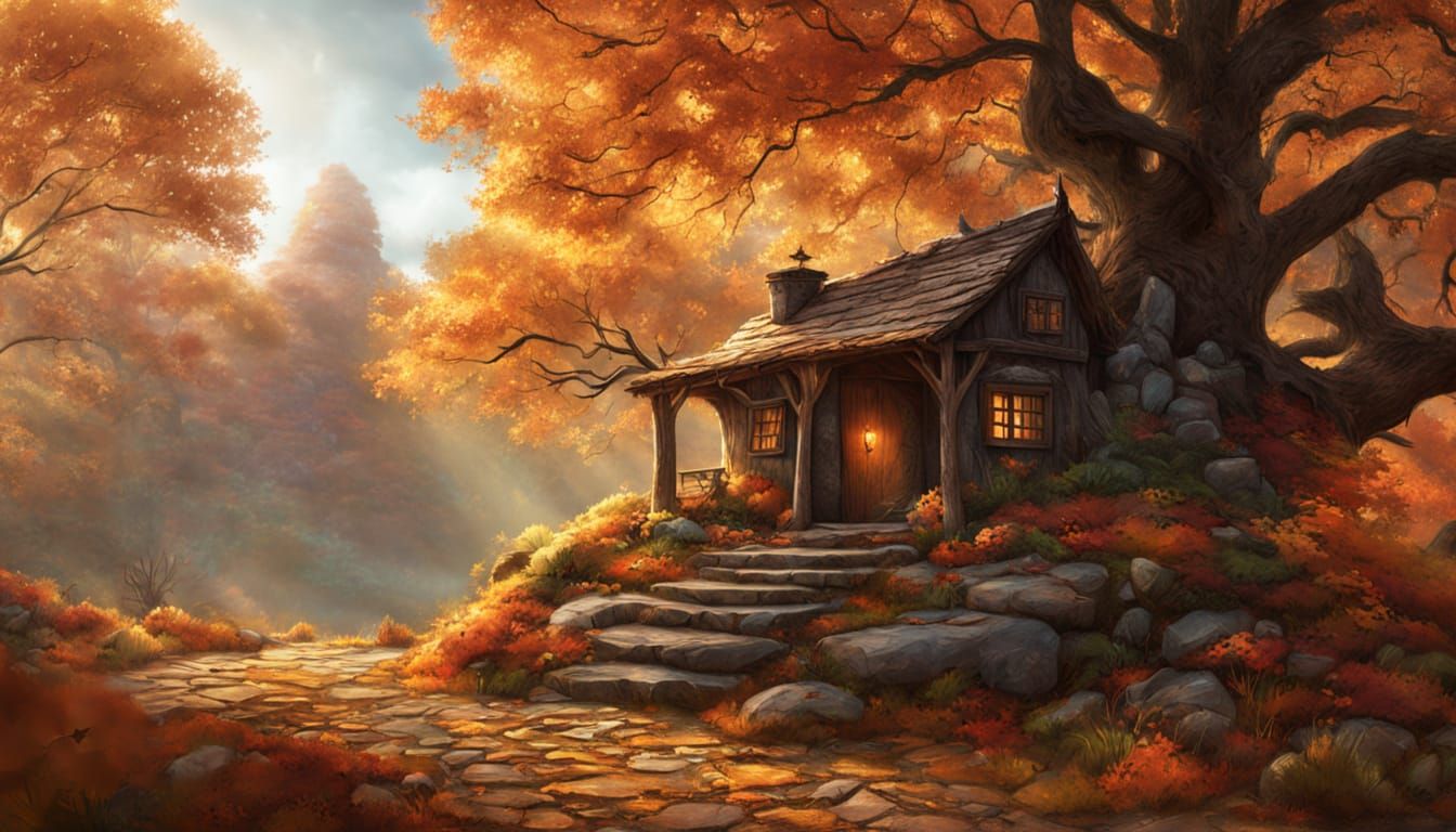 Whimsical Log House on Giant Chicken Leg in Enchanted Forest