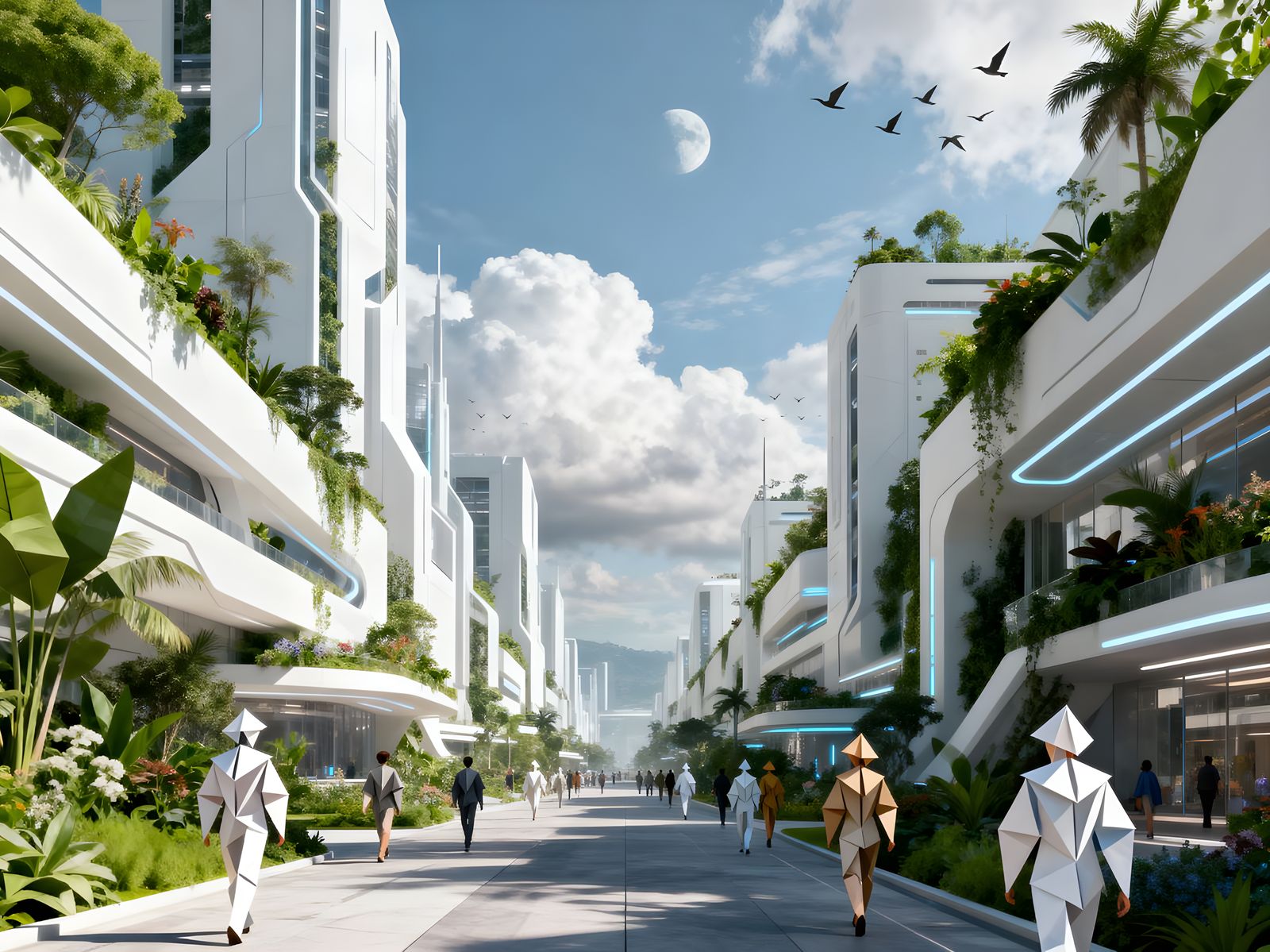 In the year 3535 beautiful futuristic elongated cityscape sci-fi white buildings with a lot of green ...  by @Mad Piece Maker