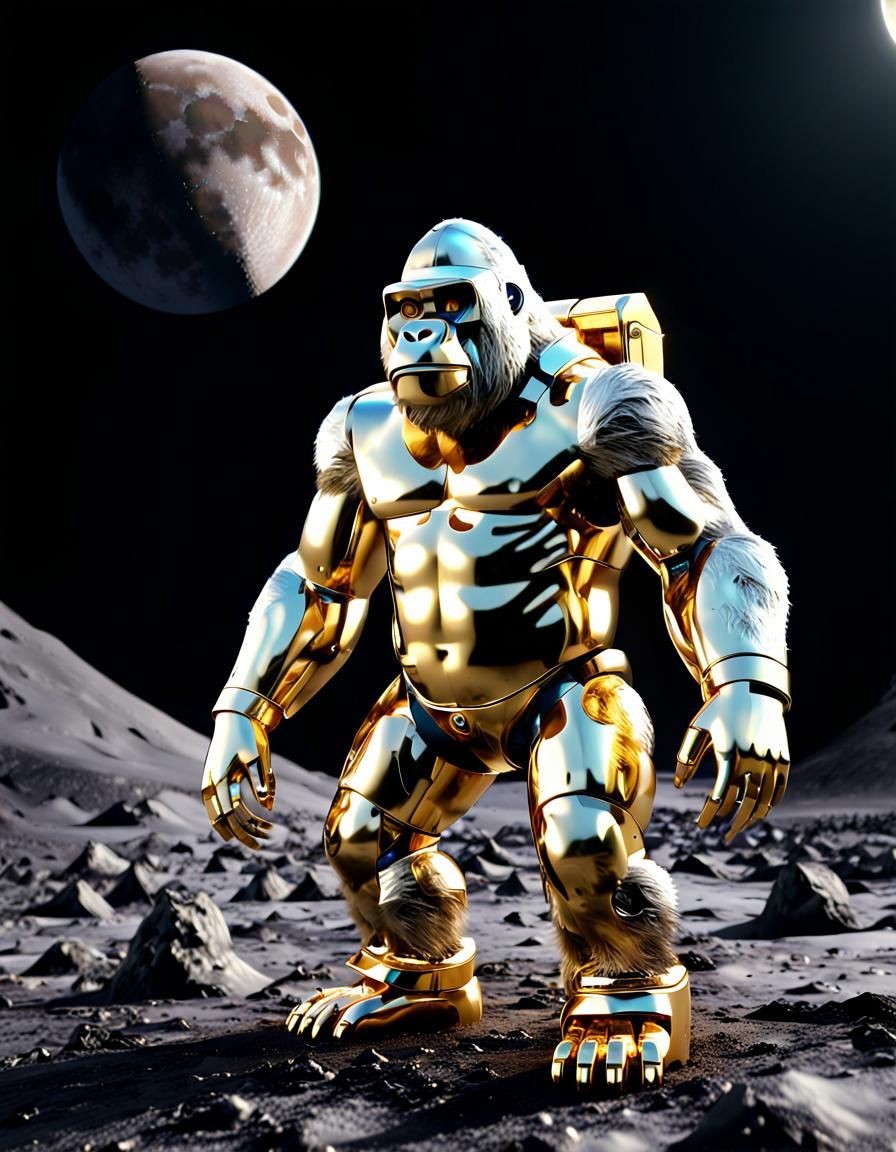 Robot gorilla, on the moon, gold, chrome, 8k