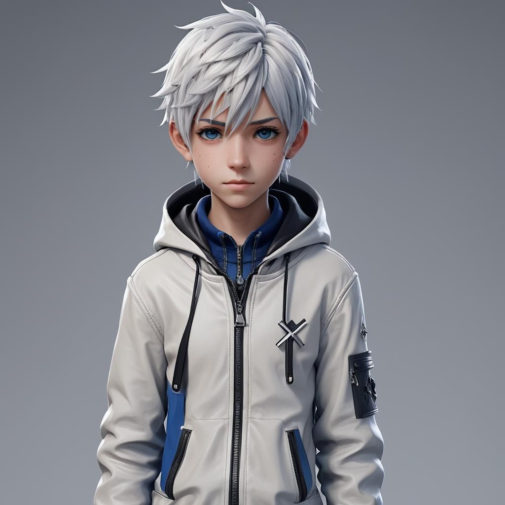 Kingdom Hearts art style, 12 year old boy, white pixie cut, blue  turtleneck, unzipped leather hooded jacket - AI Generated Artwork -  NightCafe Creator